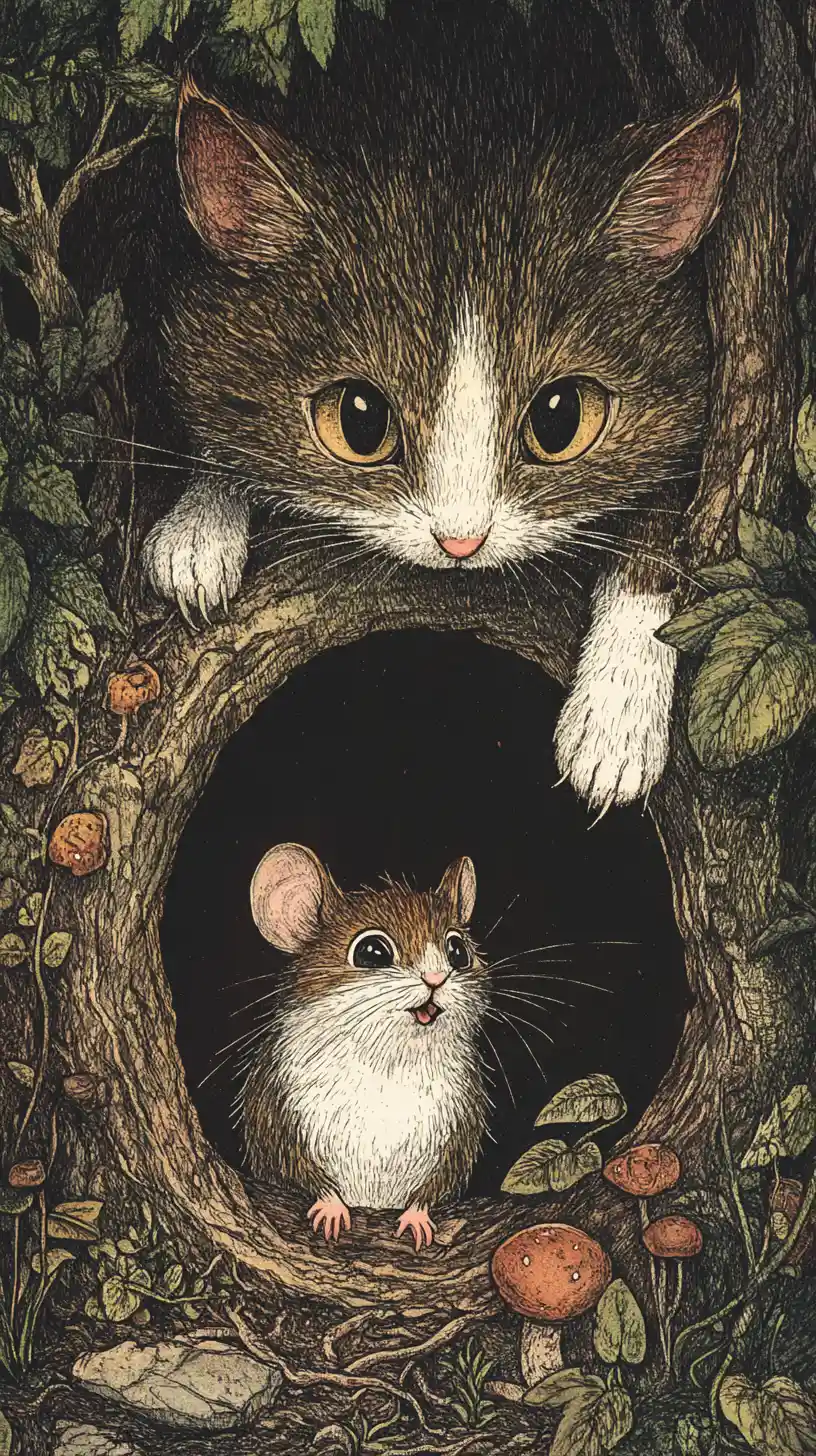 Timid mouse facing a menacing cat at its dark hole