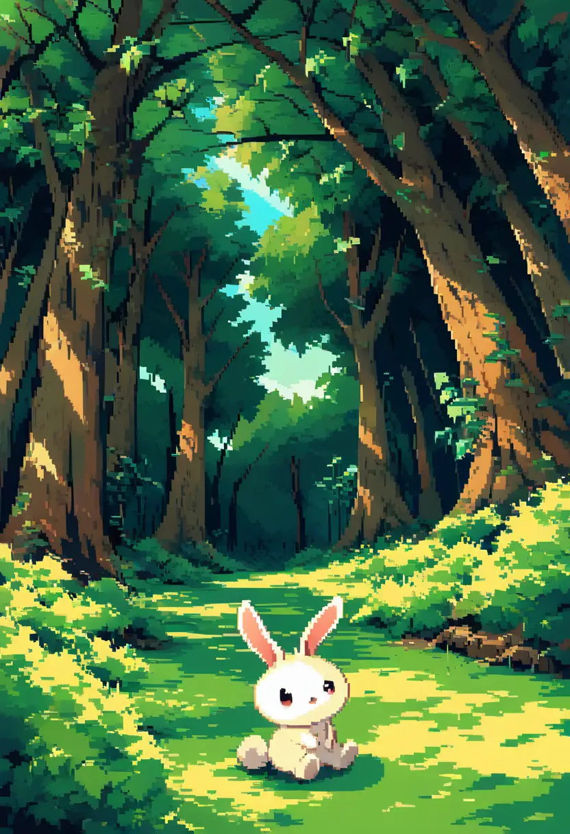 White rabbit in a magical pixel art forest clearing
