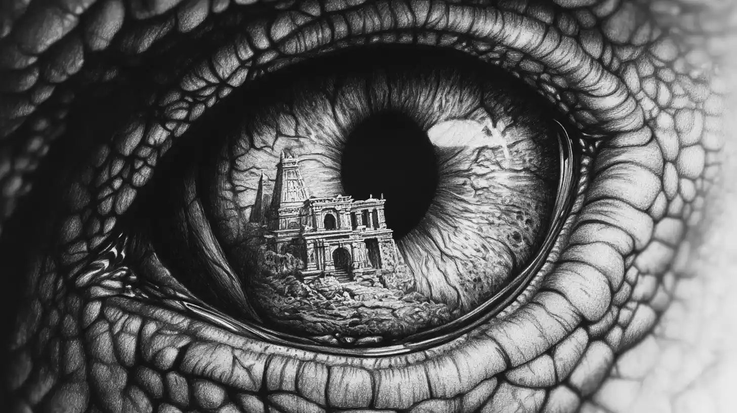 Extreme close up serpent eye with temple in the iris
