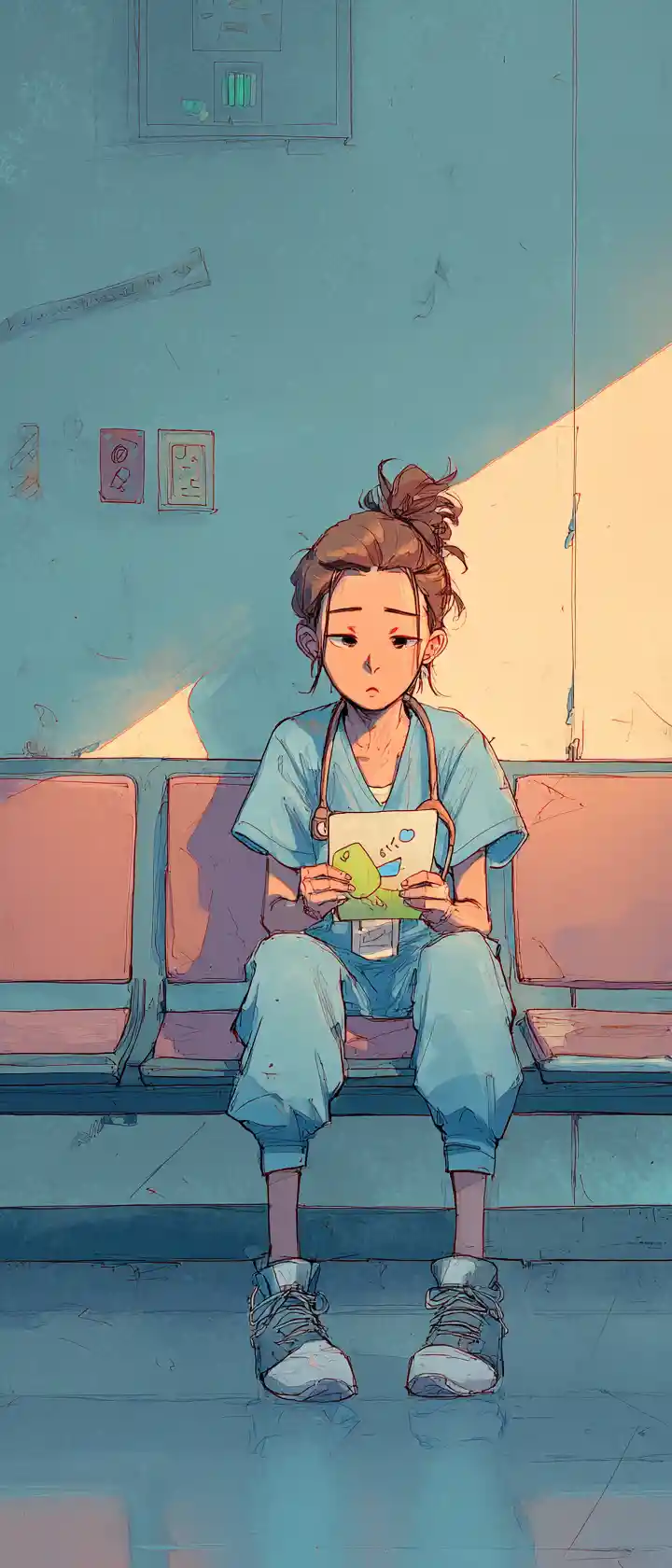 Young anime nurse resting on a hospital corridor bench