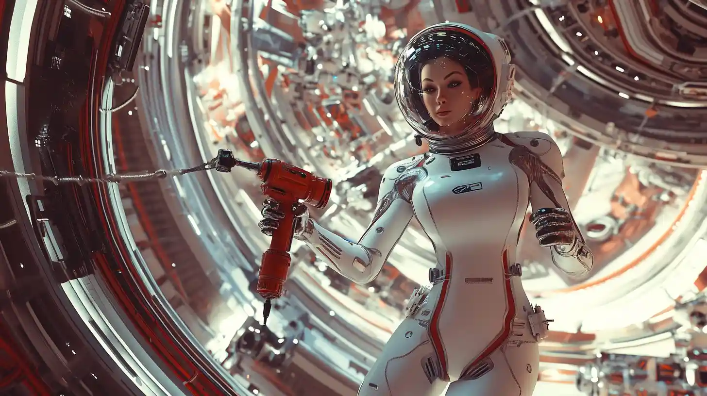 Female astronaut floating in a retro space station interior