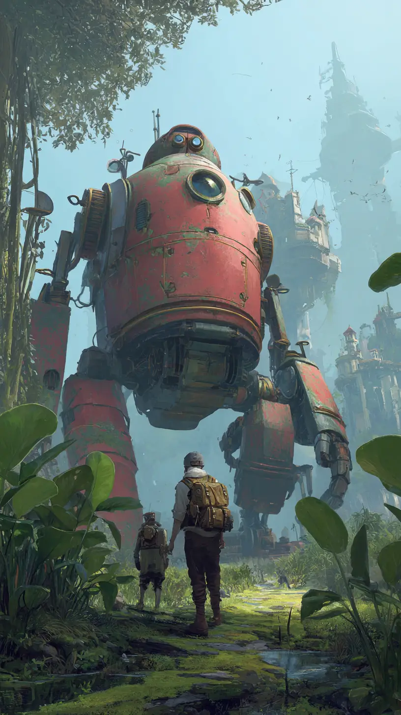 Explorers Guiding Mechs Through Vast Alien Landscapes