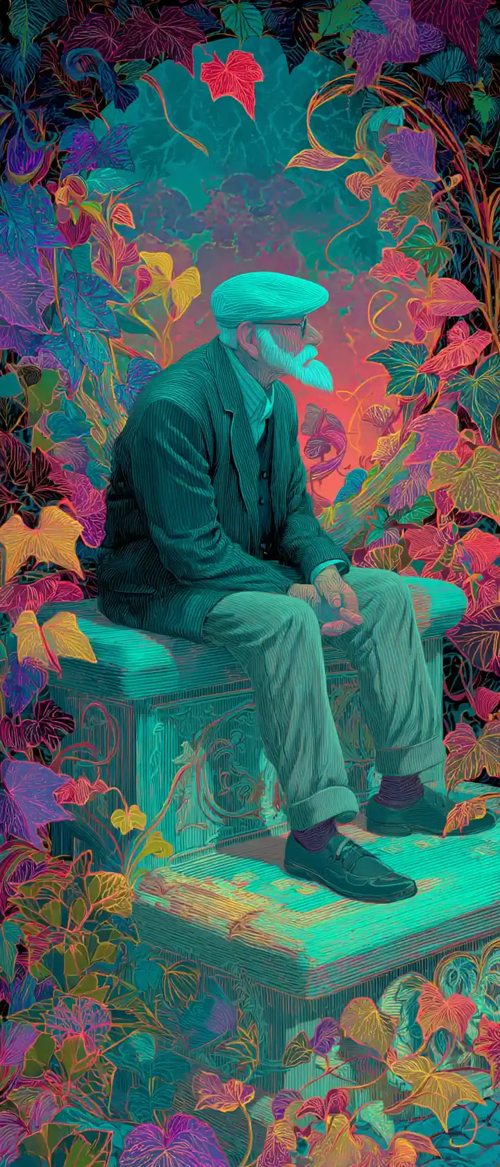 Elderly man on stone bench with fading younger self