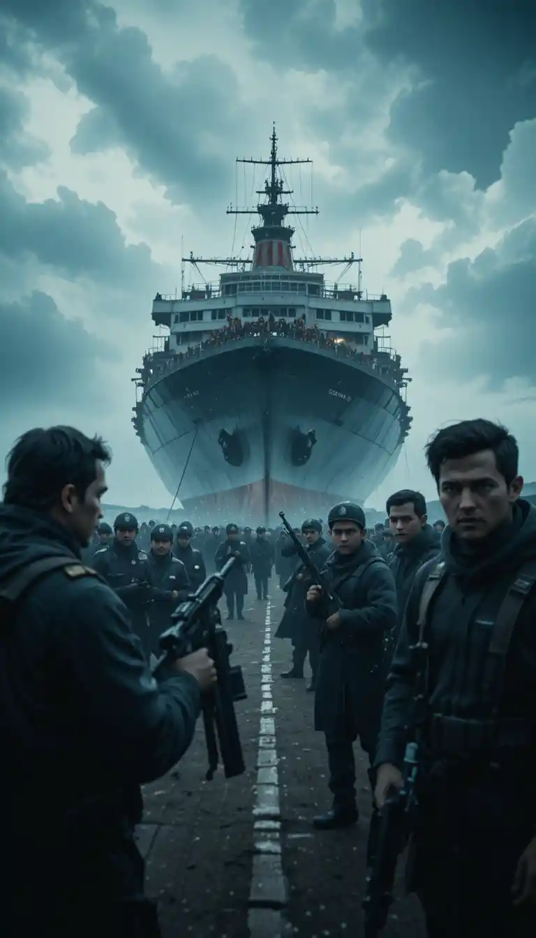 Cargo ship hijacked by armed terrorists on stormy ocean