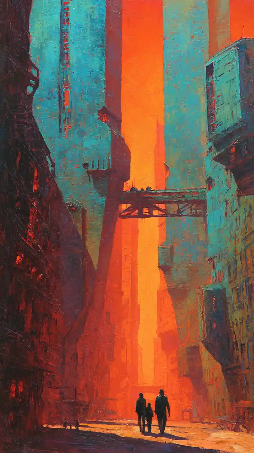 Humans Walking Through Futuristic Martian City Under Orange Sky