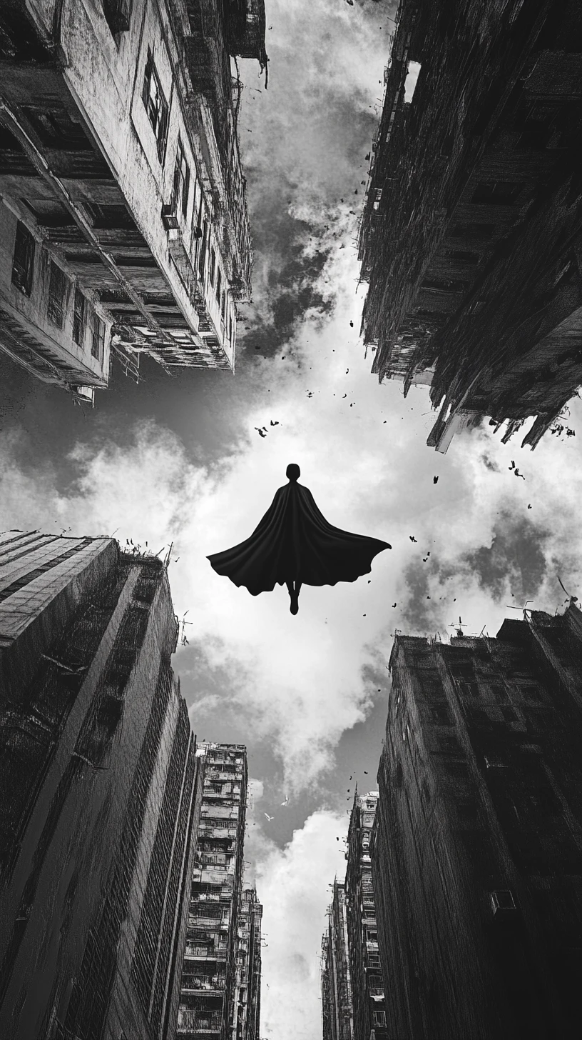 Everyday superhero flying by night above the city streets