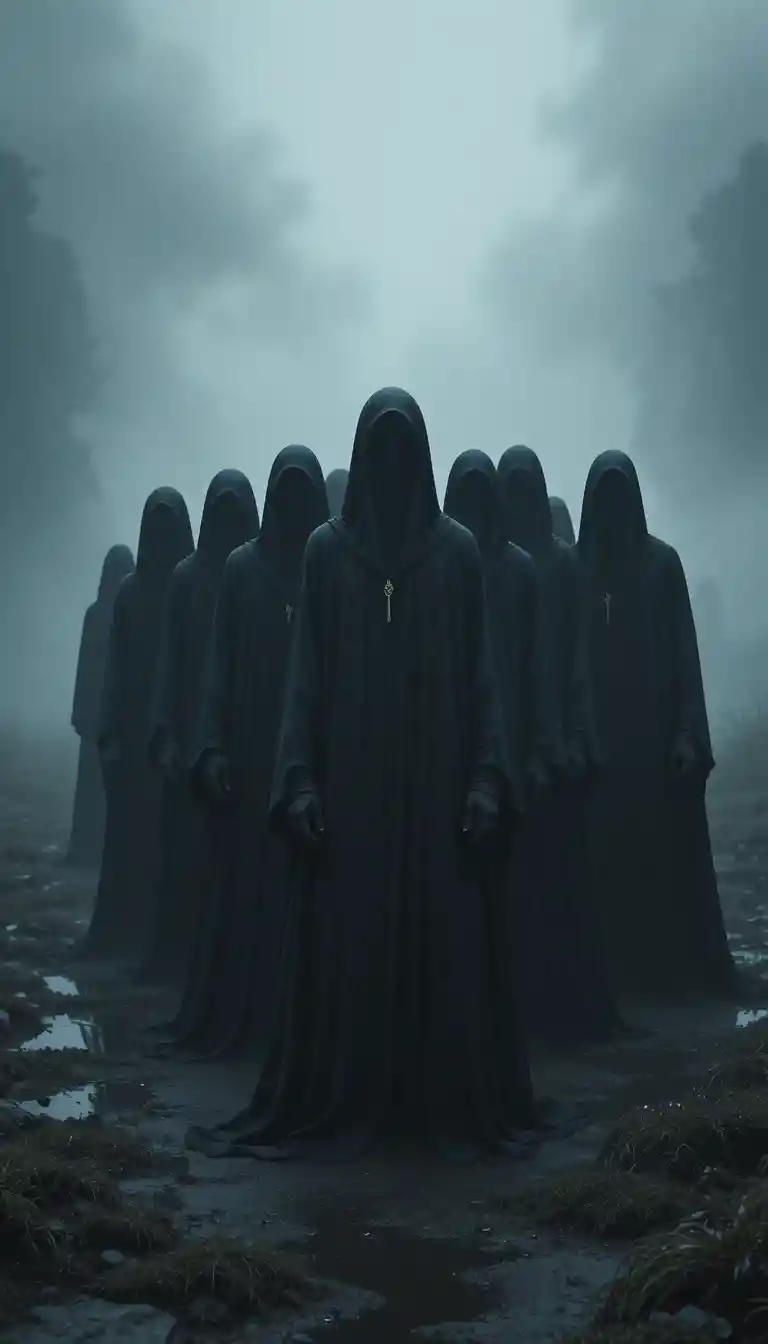 Hooded figures in a foggy landscape with eerie atmosphere