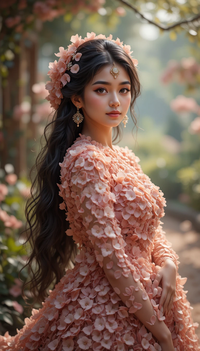 Floral Indian woman forming from swirling petals in garden