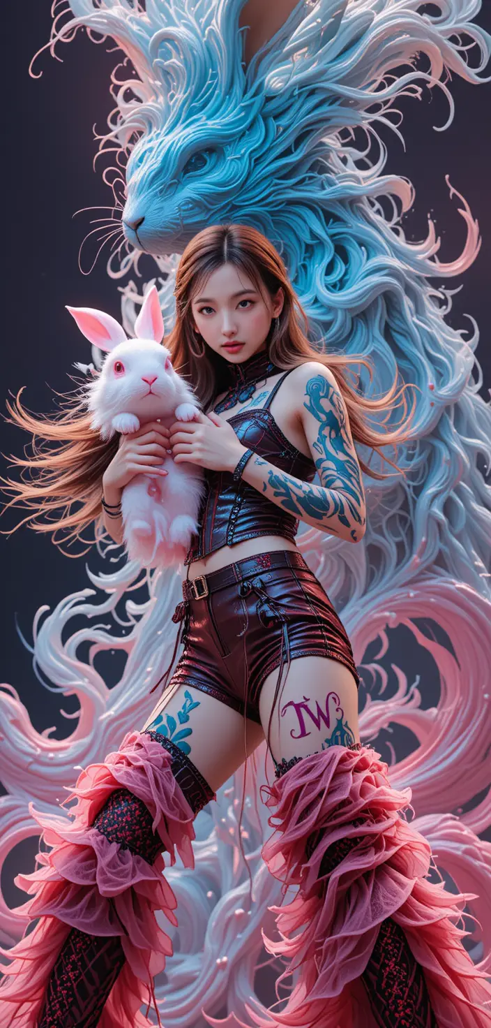Idole de K‑pop à capuche dansant sous un gigantesque esprit de lapin cyan