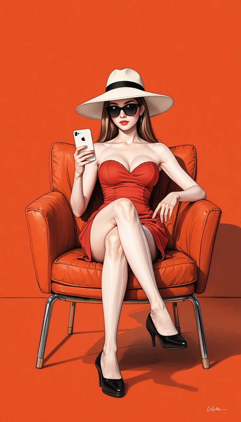 Mulher estilosa de vestido vermelho relaxando em cadeira laranja