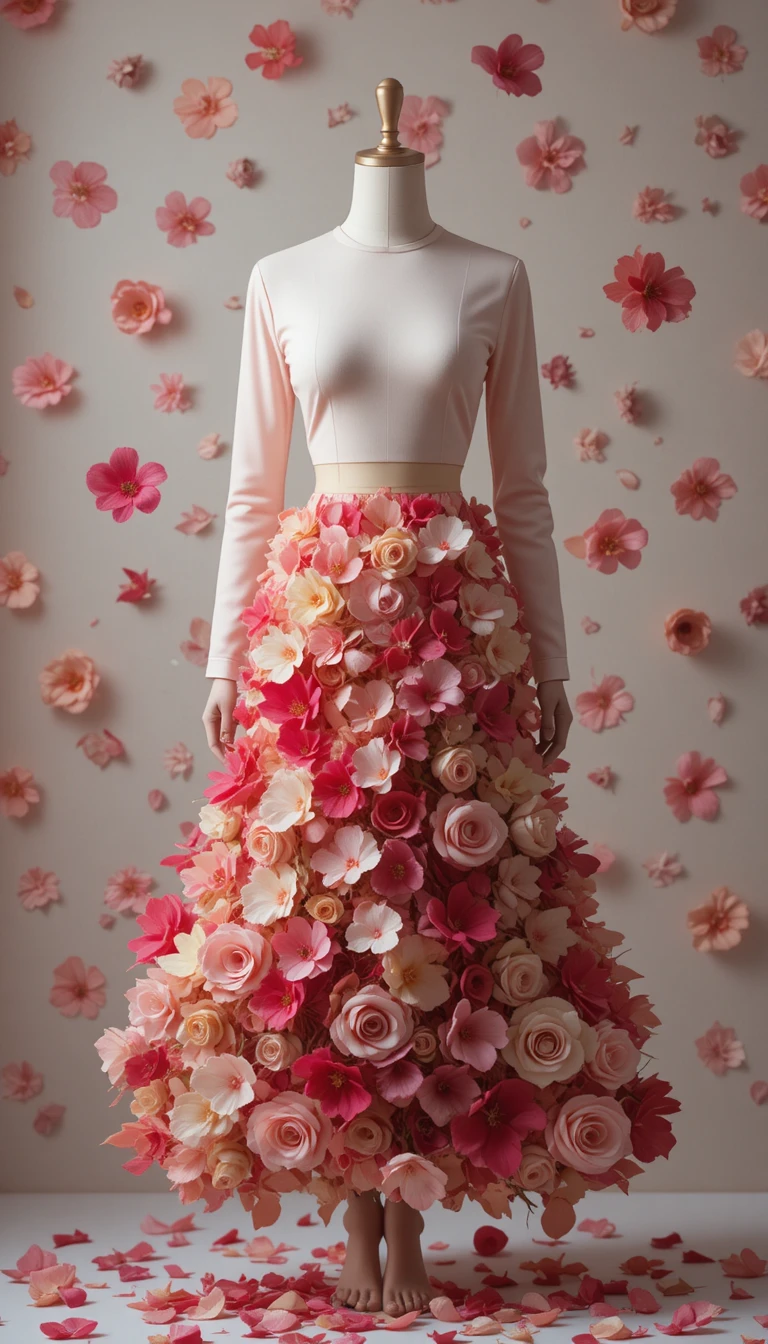 Elegant floral petal dress floating against a soft background