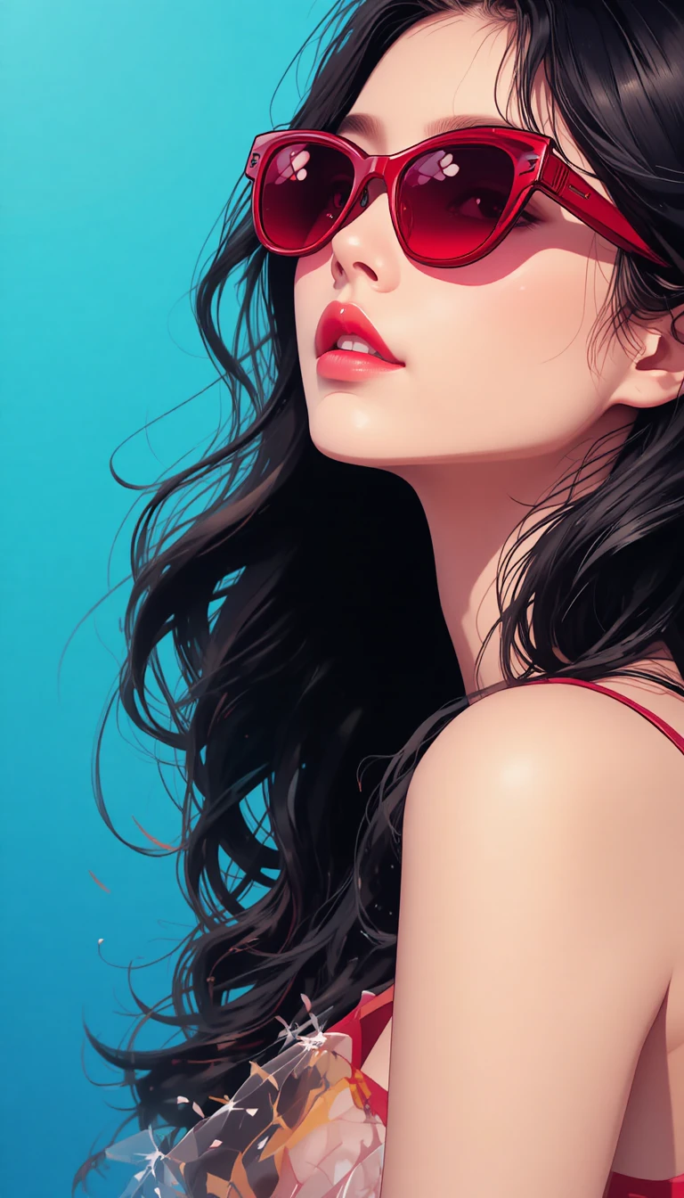 Anime-Mädchen mit roter Sonnenbrille vor blauem Farbverlauf