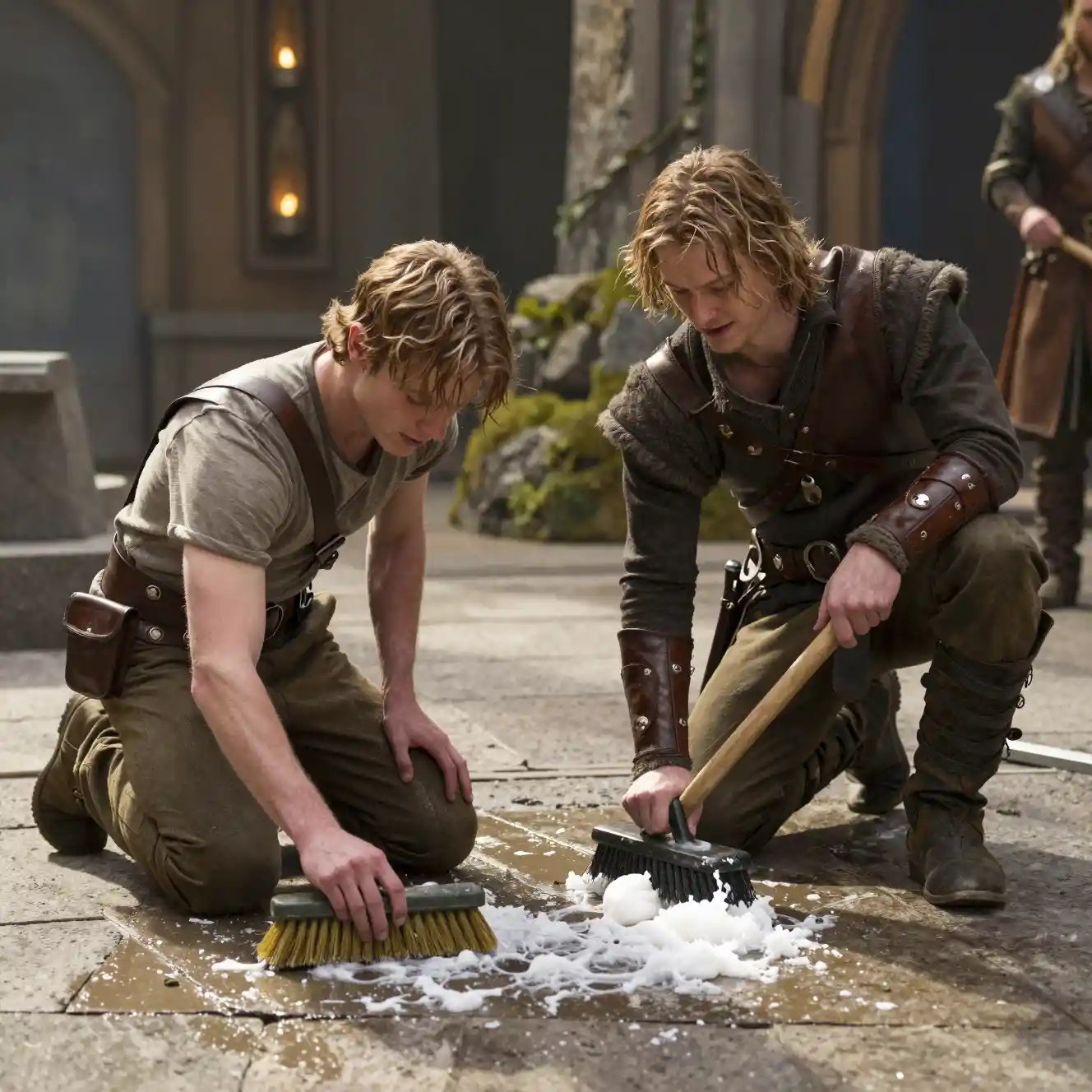 Two young men scrubbing floors in a fantasy house