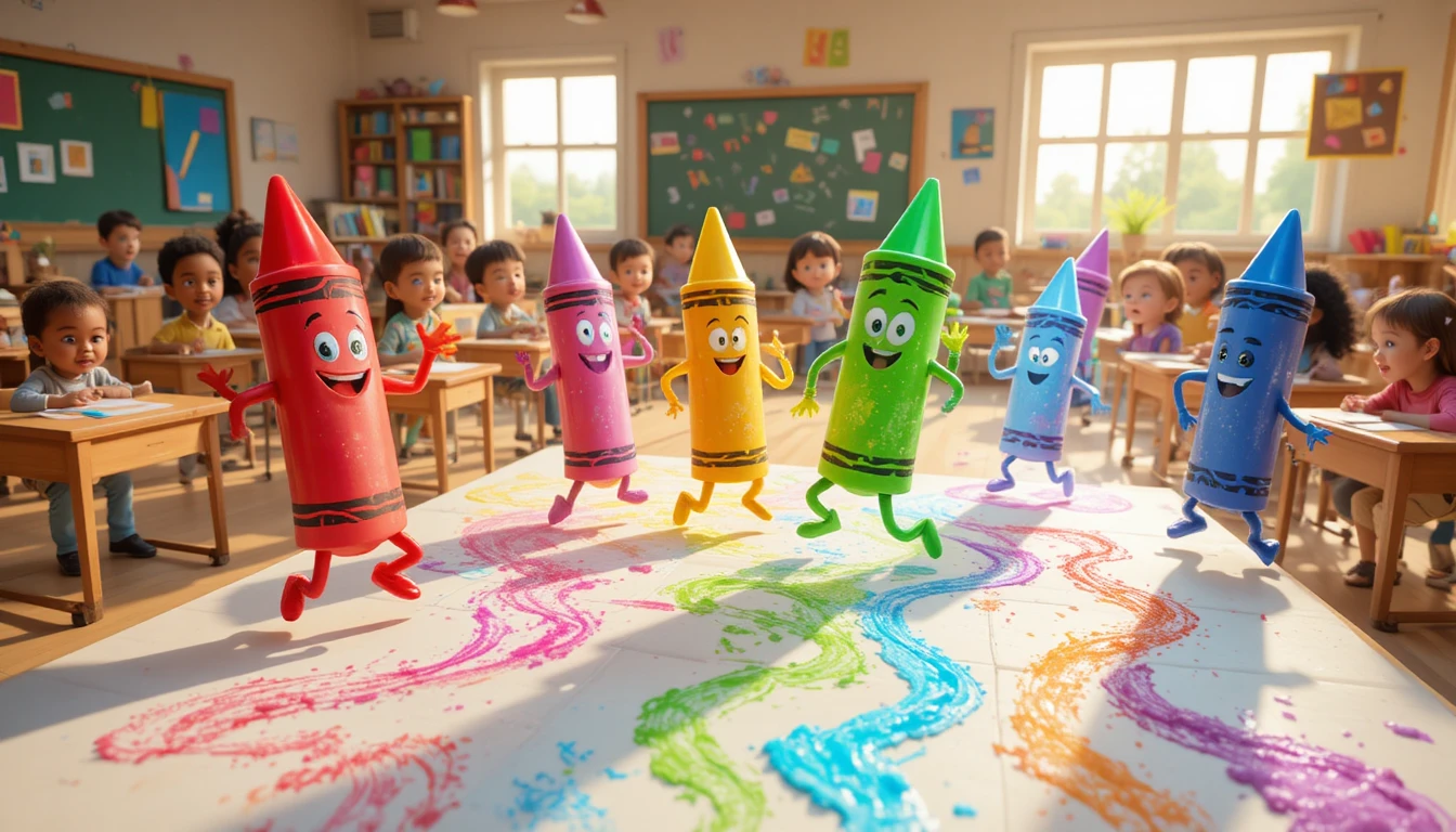 Bunte Wachsmalstifte tanzen über das Papier in einem fröhlichen Klassenzimmer