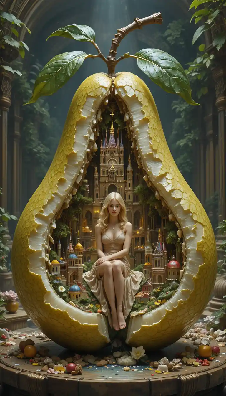 Blonde woman inside a giant pear containing a tiny city