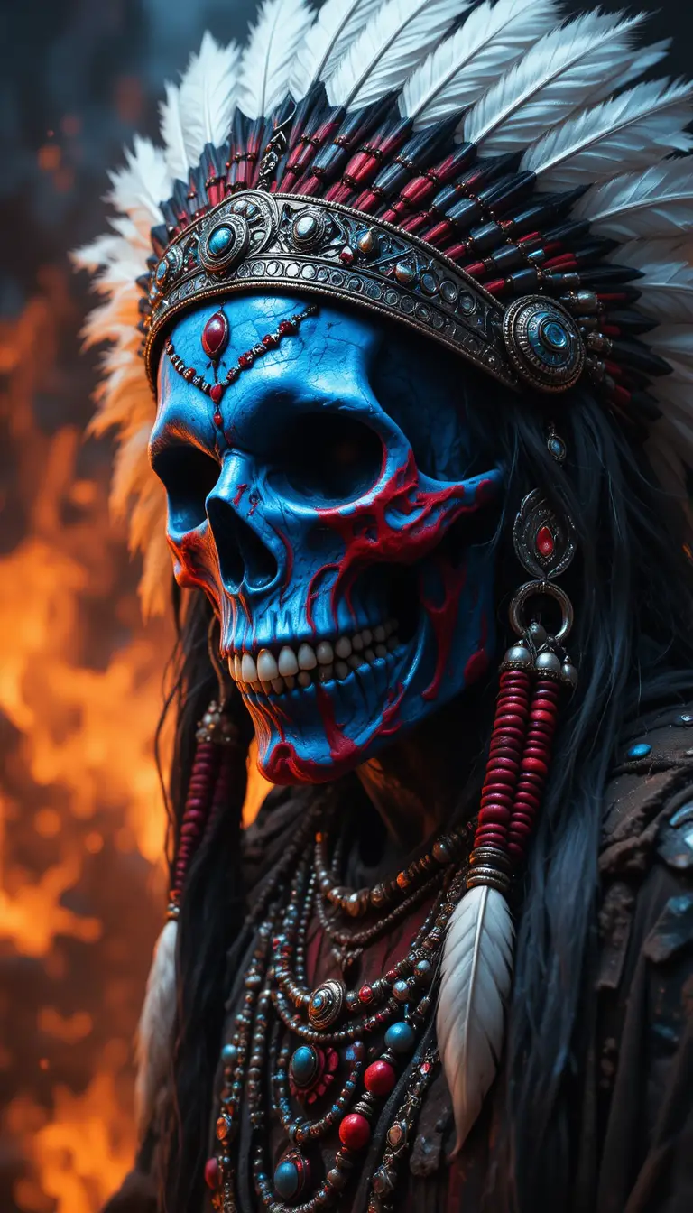Feuriger Tribal-Schädel mit Federn und Kriegsbemalung