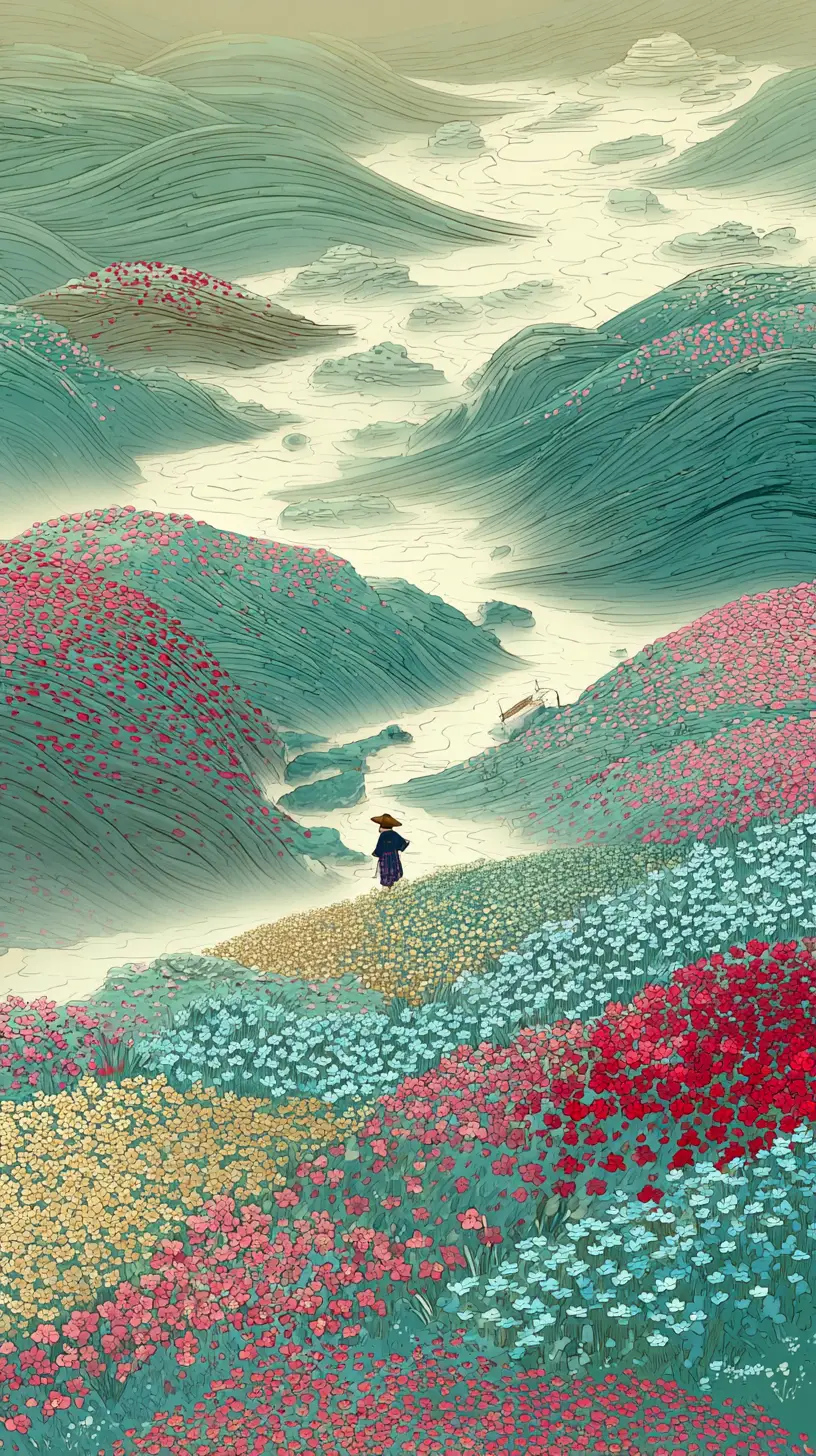 Colline primaverili in stile ukiyo-e con una bambina tra i fiori