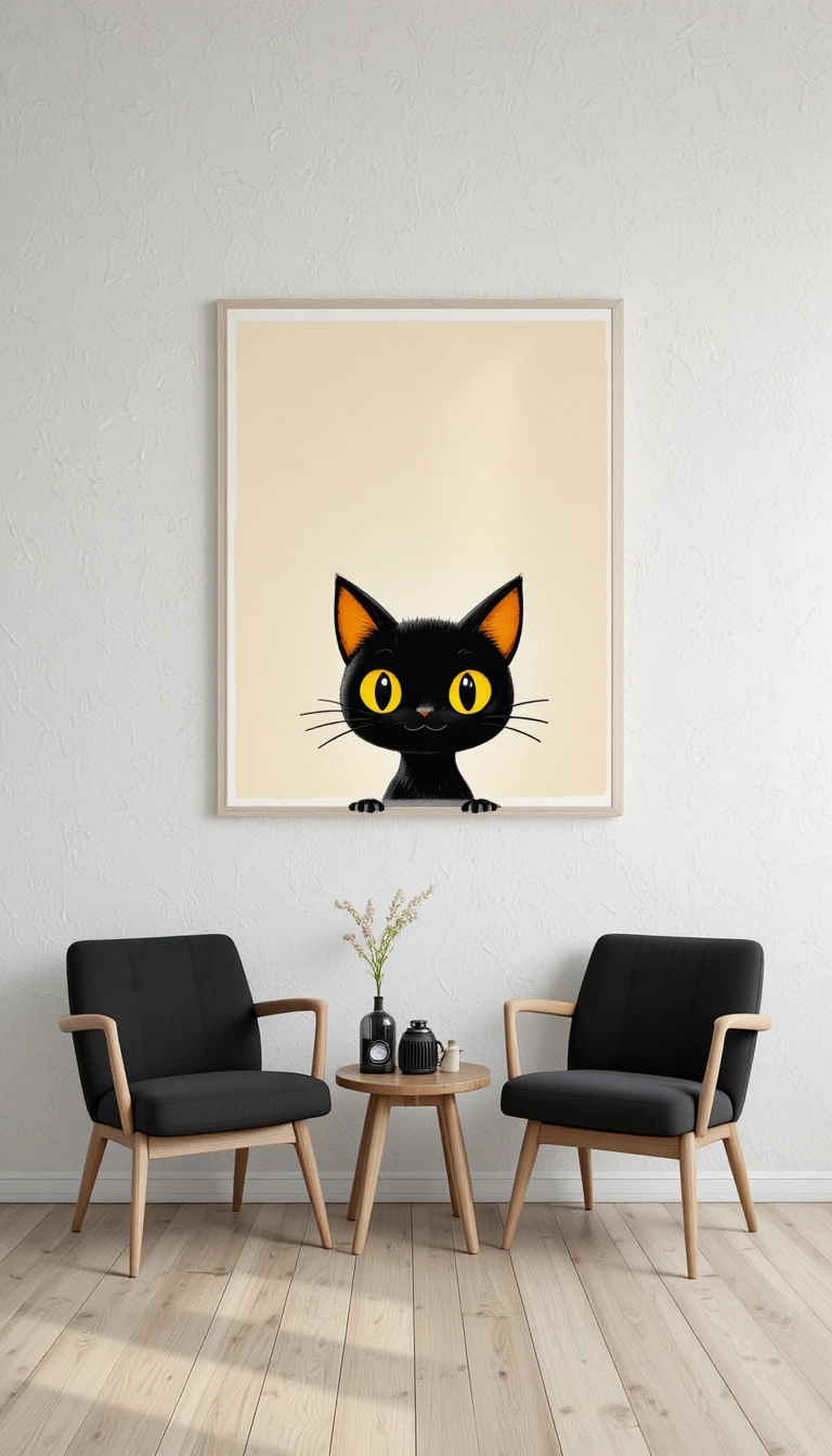 Modern minimalist living room with mid century black chairs