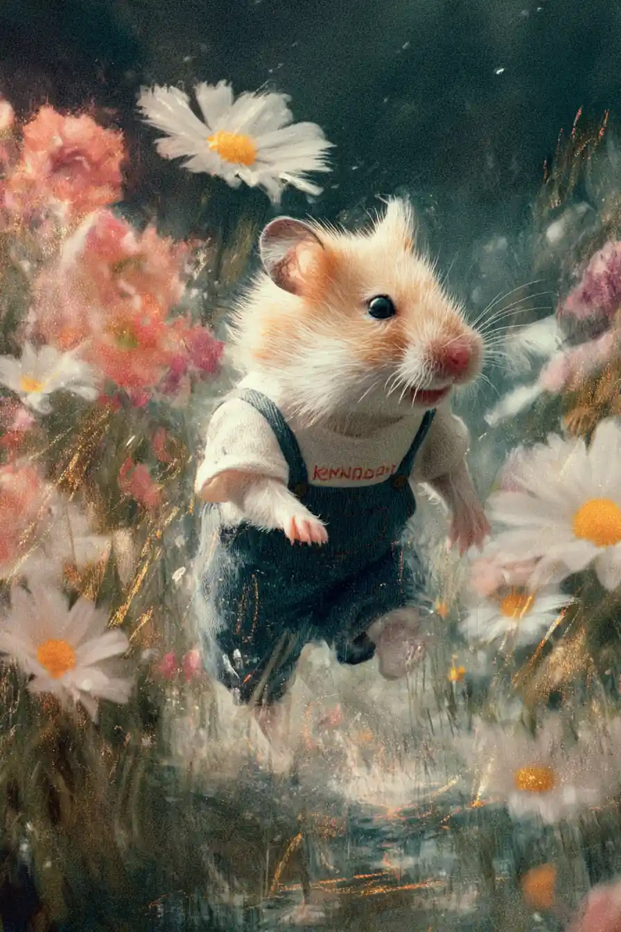 Joyful hamster running through a daisy meadow scene