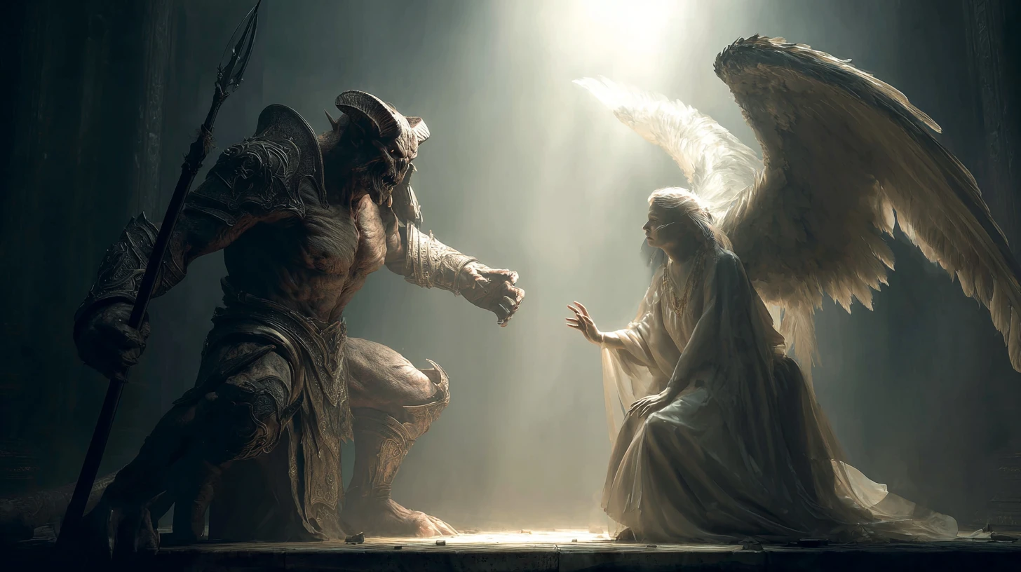 Archangel Offering Salvation To A Weeping Demon In Cathedral