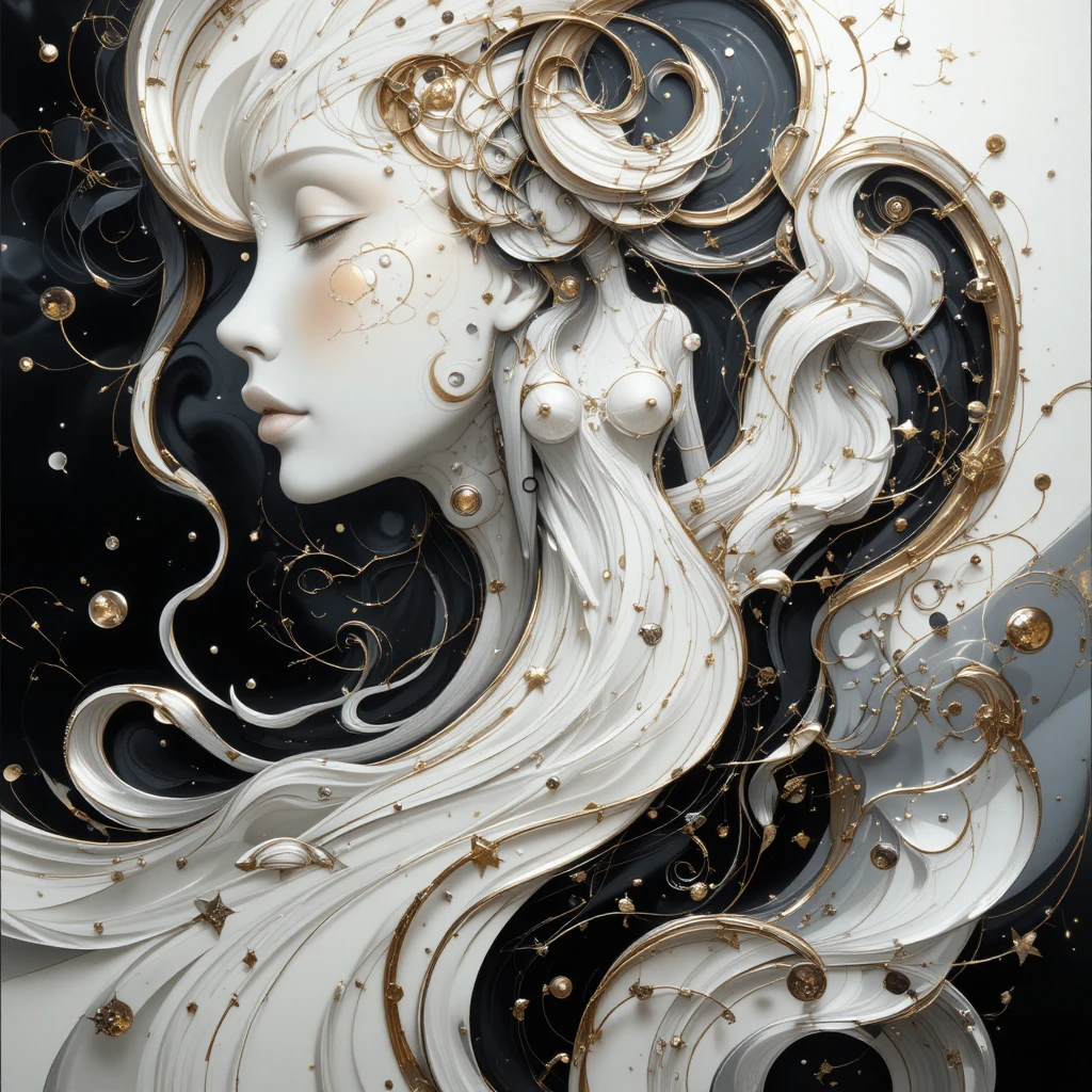Abstract feminine 3D artwork with flowing metallic lines