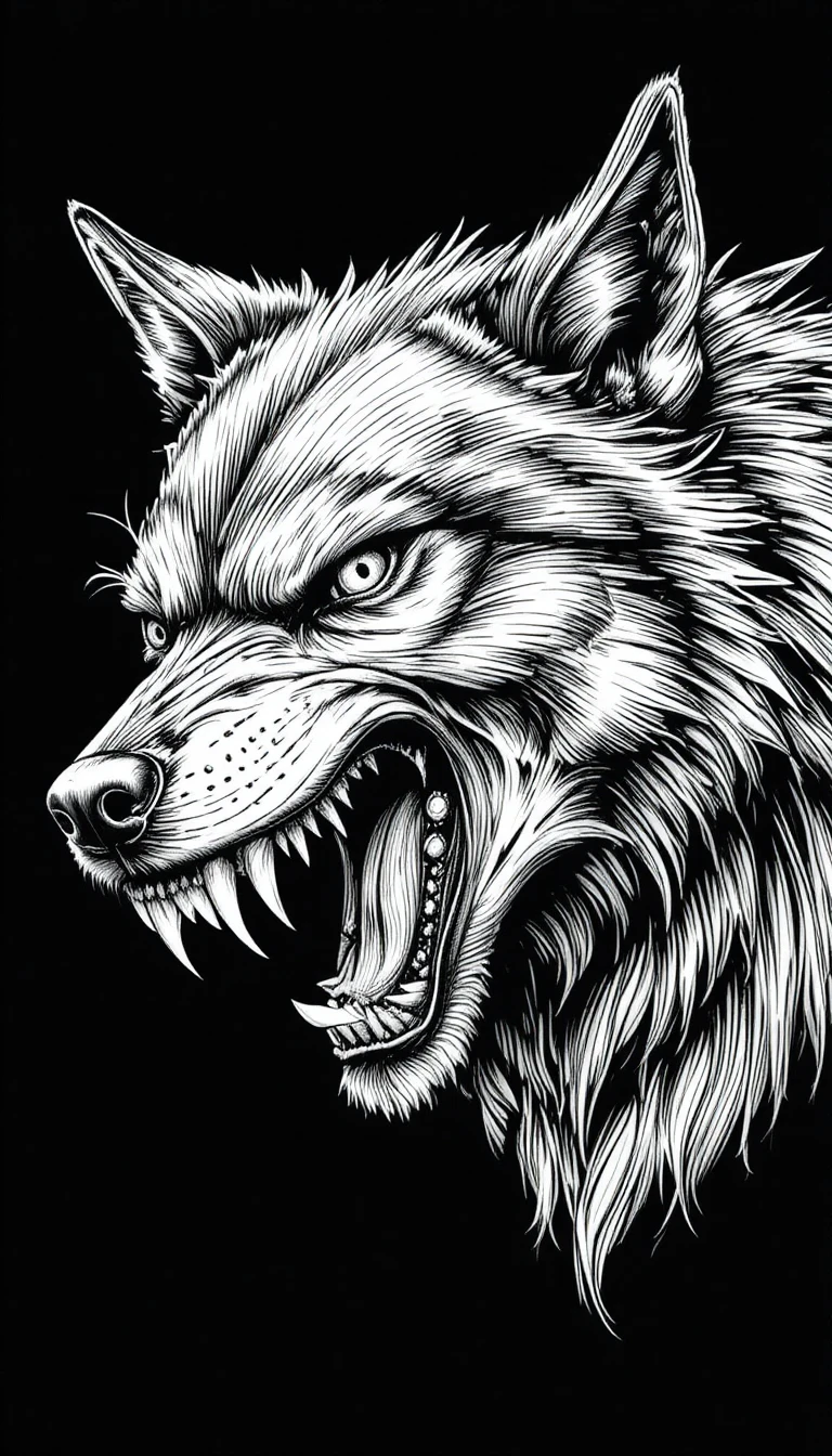 Snarling wolf head close up in black and white drawing