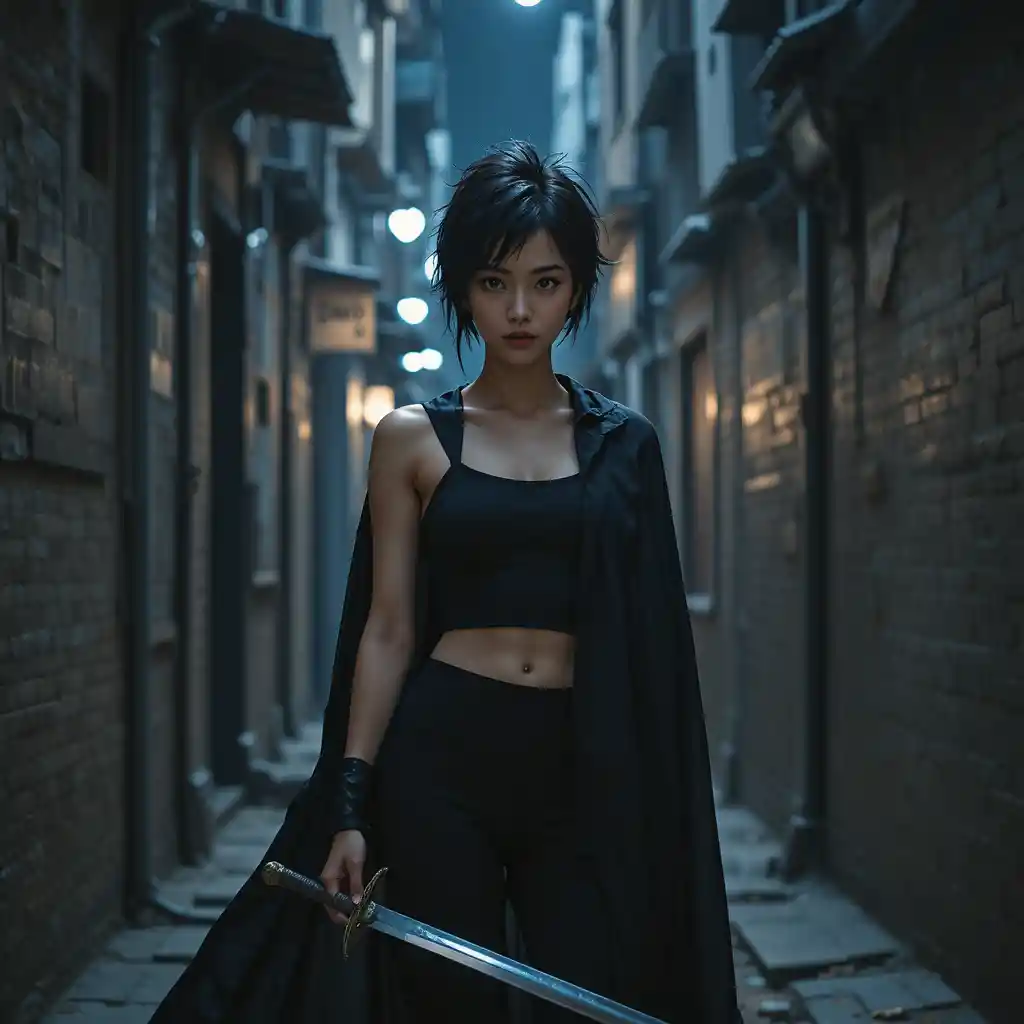 Dark haired warrior woman with sword in moonlit alley