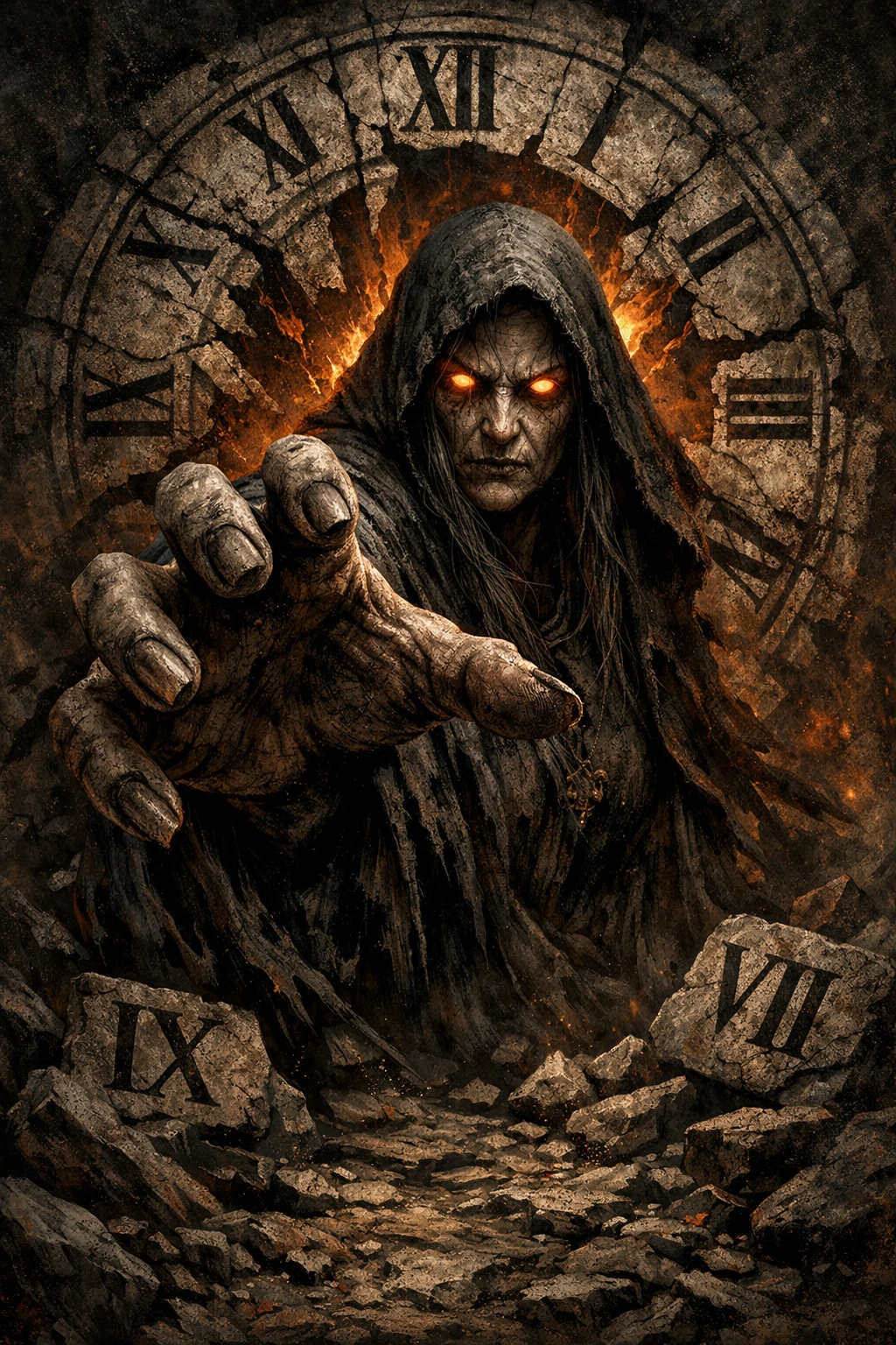 Hooded woman of time emerging before a shattered clock
