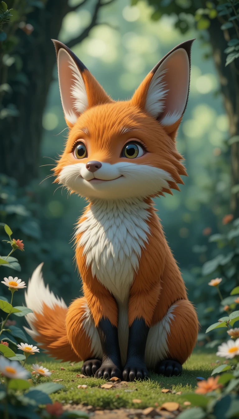 3D fox and butterfly in a playful storybook style scene