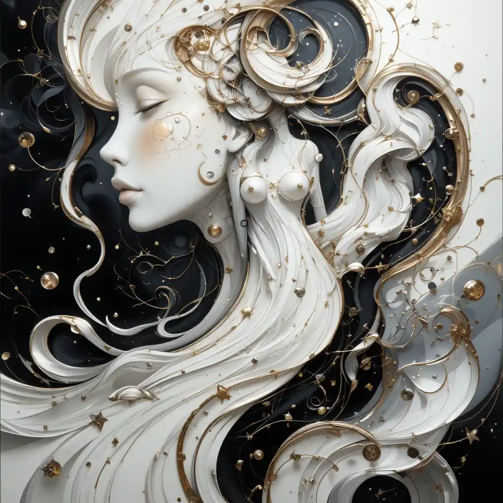 Abstract feminine 3D artwork with flowing metallic lines