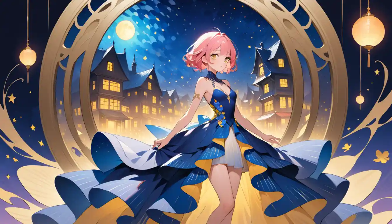 Donna elegante in abito couture che contempla la luna