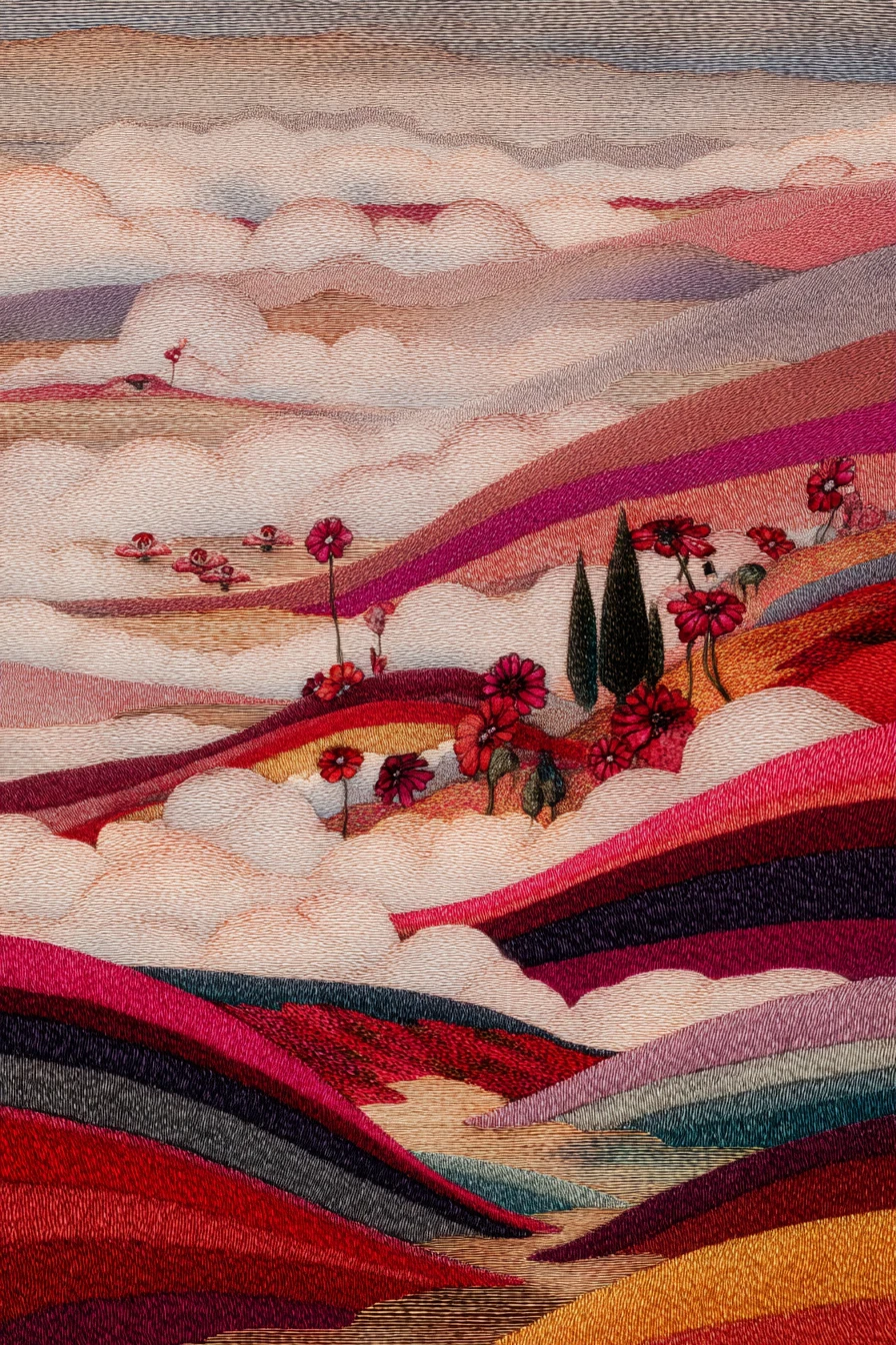 Colorful Woolen Striped Landscape With Flowers And Clouds