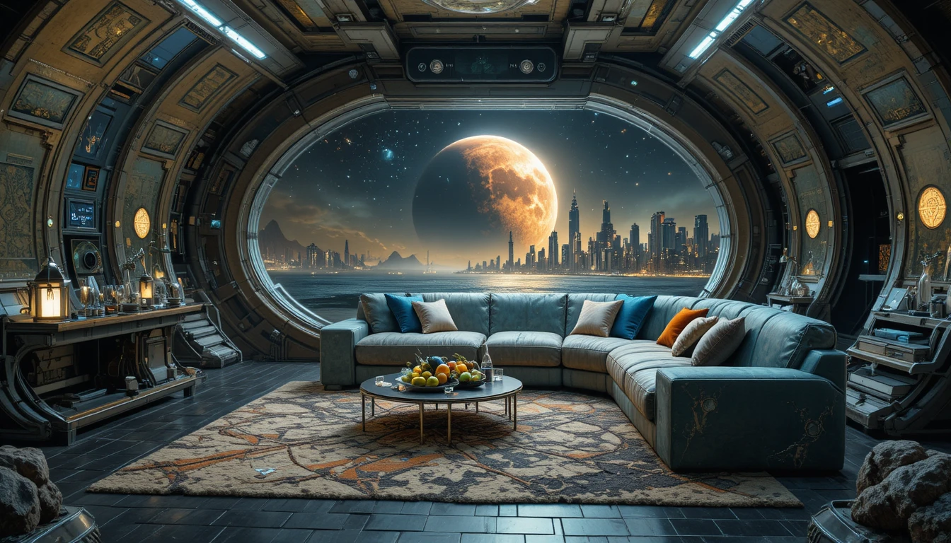 Schwarzer Sandstrand unter kolossal rotem Planeten in der Nacht