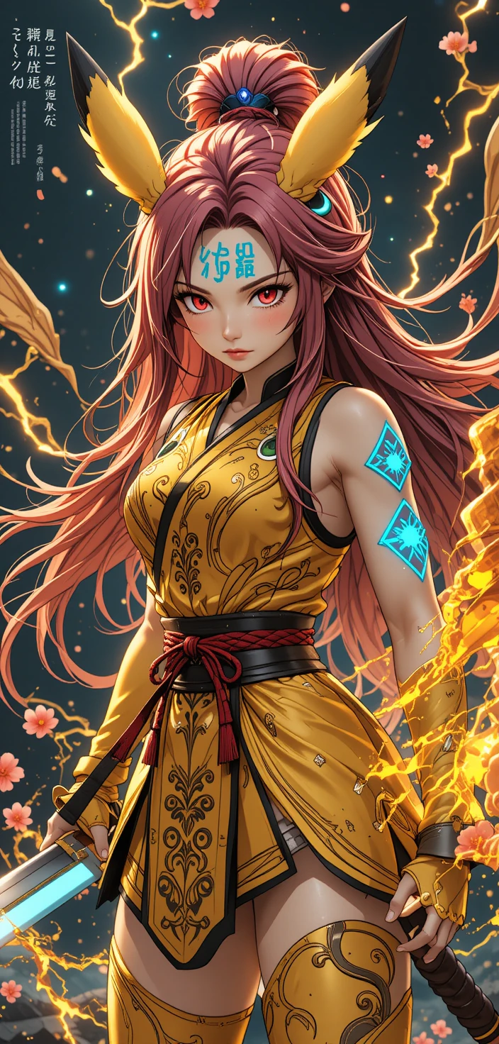 Anime warrior woman with glowing runes in battle stance