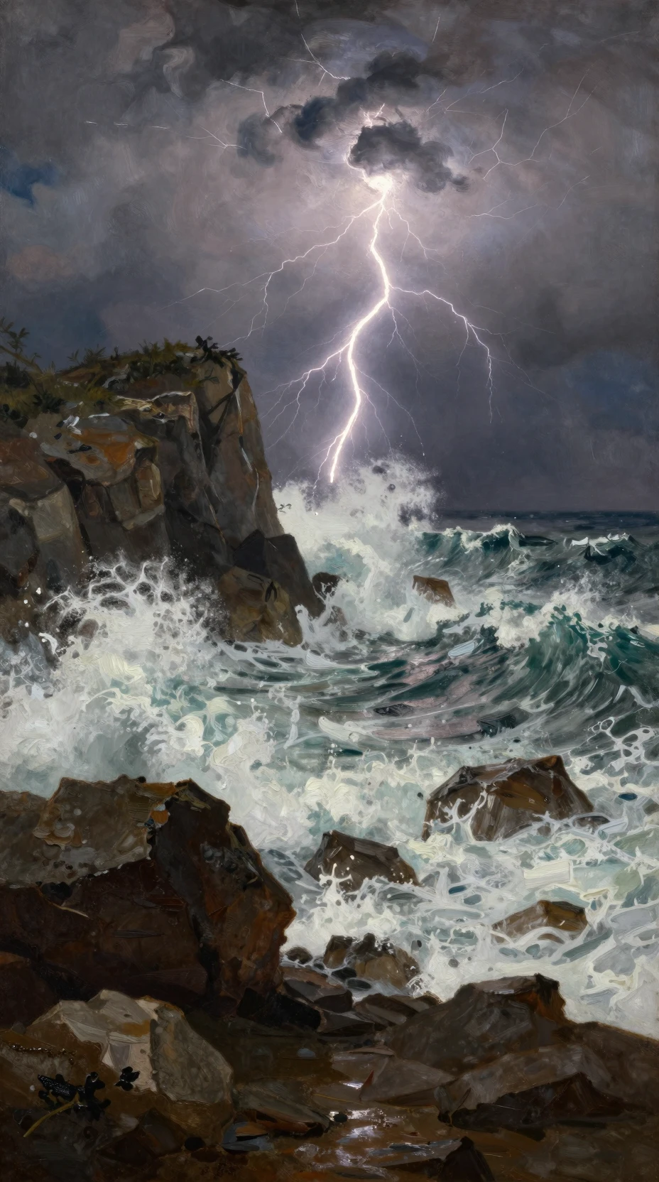 Lightning storm over a wild rocky coastline at night