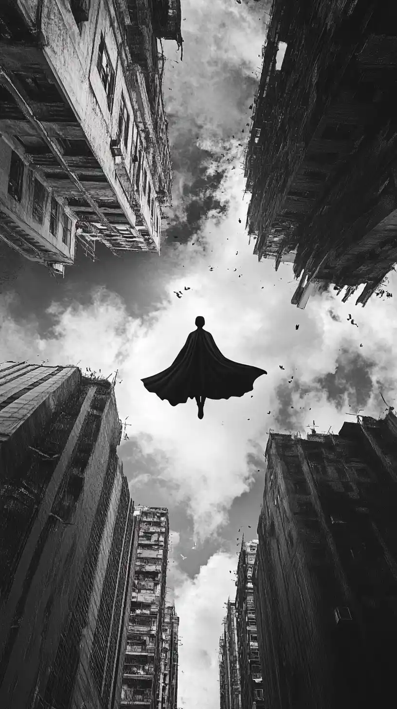 Everyday superhero flying by night above the city streets