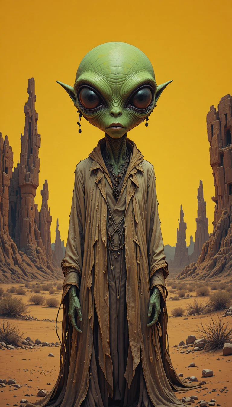 Surreal green alien in robes under a twisted desert sky