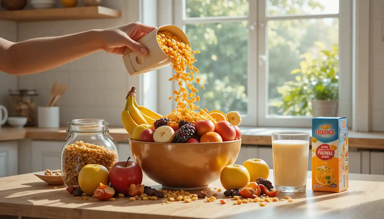 Cozy morning breakfast scene in a bright modern kitchen