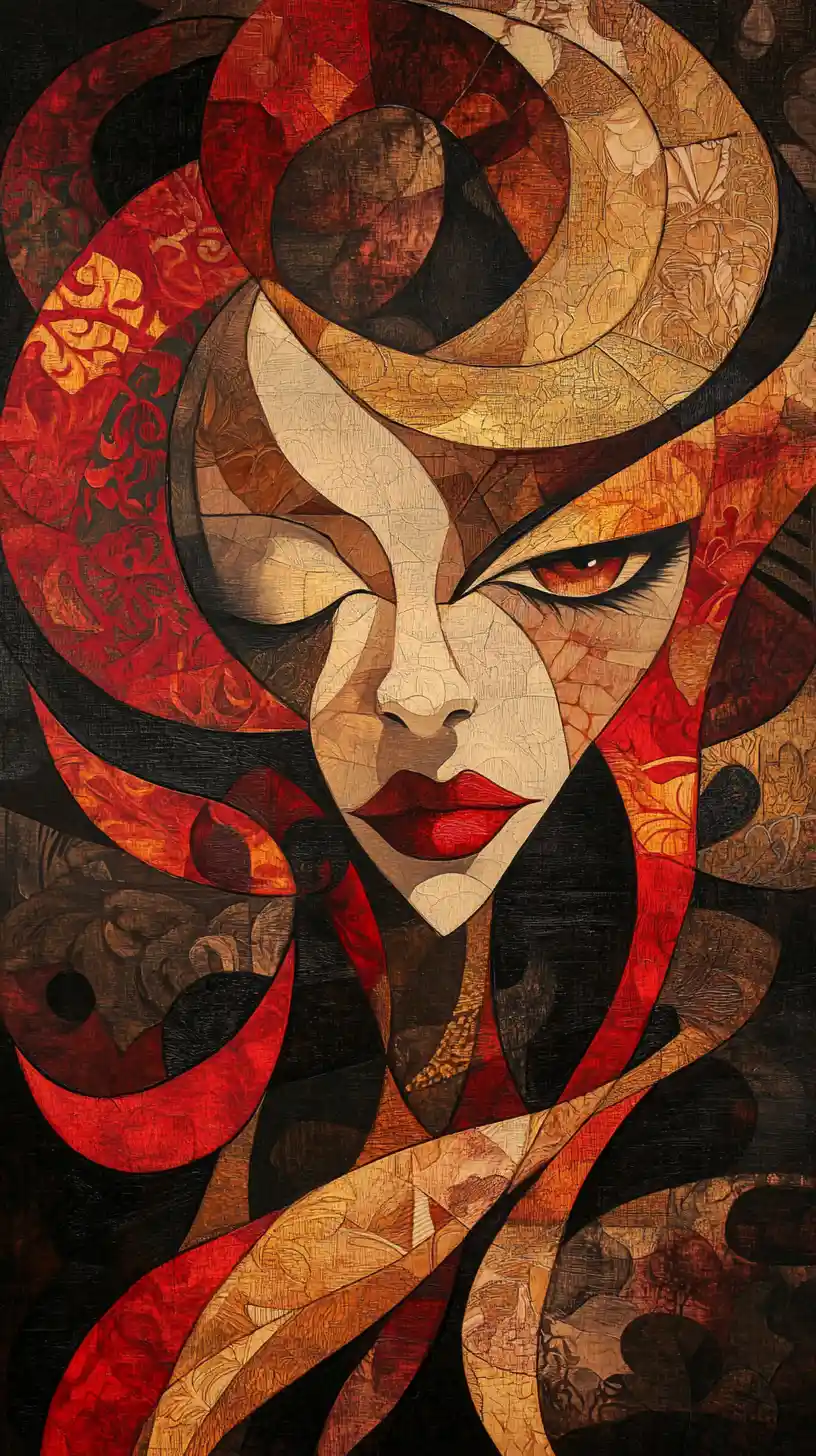 Abstract cubist woman intertwined with a mystical dragon
