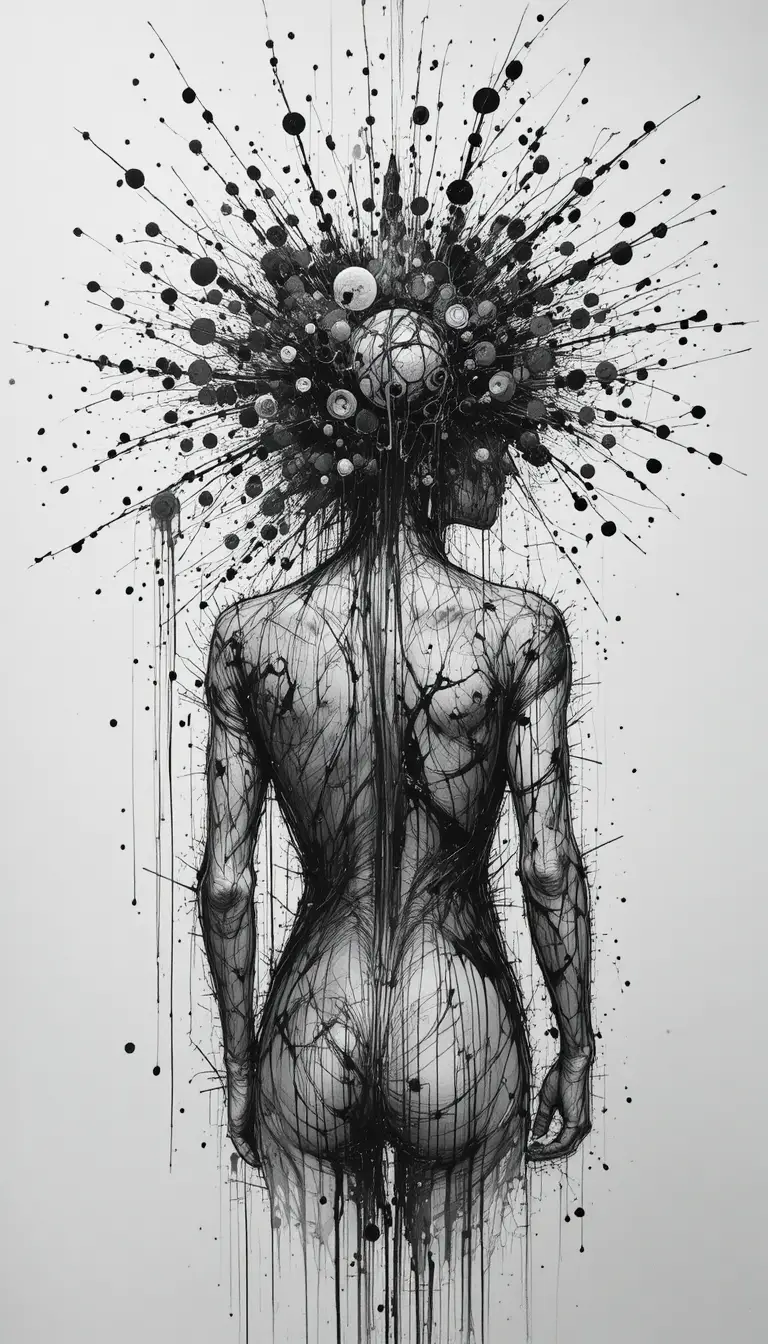 Abstract back view figure with exploding ink head