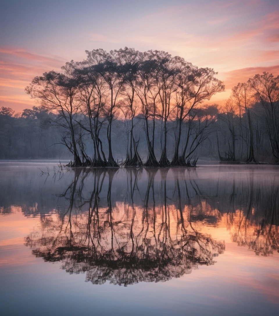 Tranquil river sunset with bare trees and perfect reflections