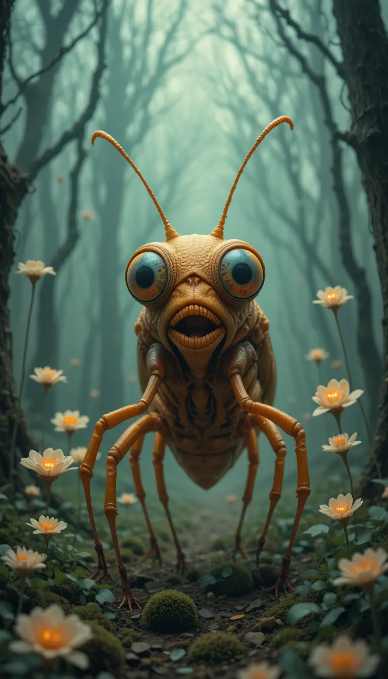 Surreal insect with huge eyes in a foggy forest