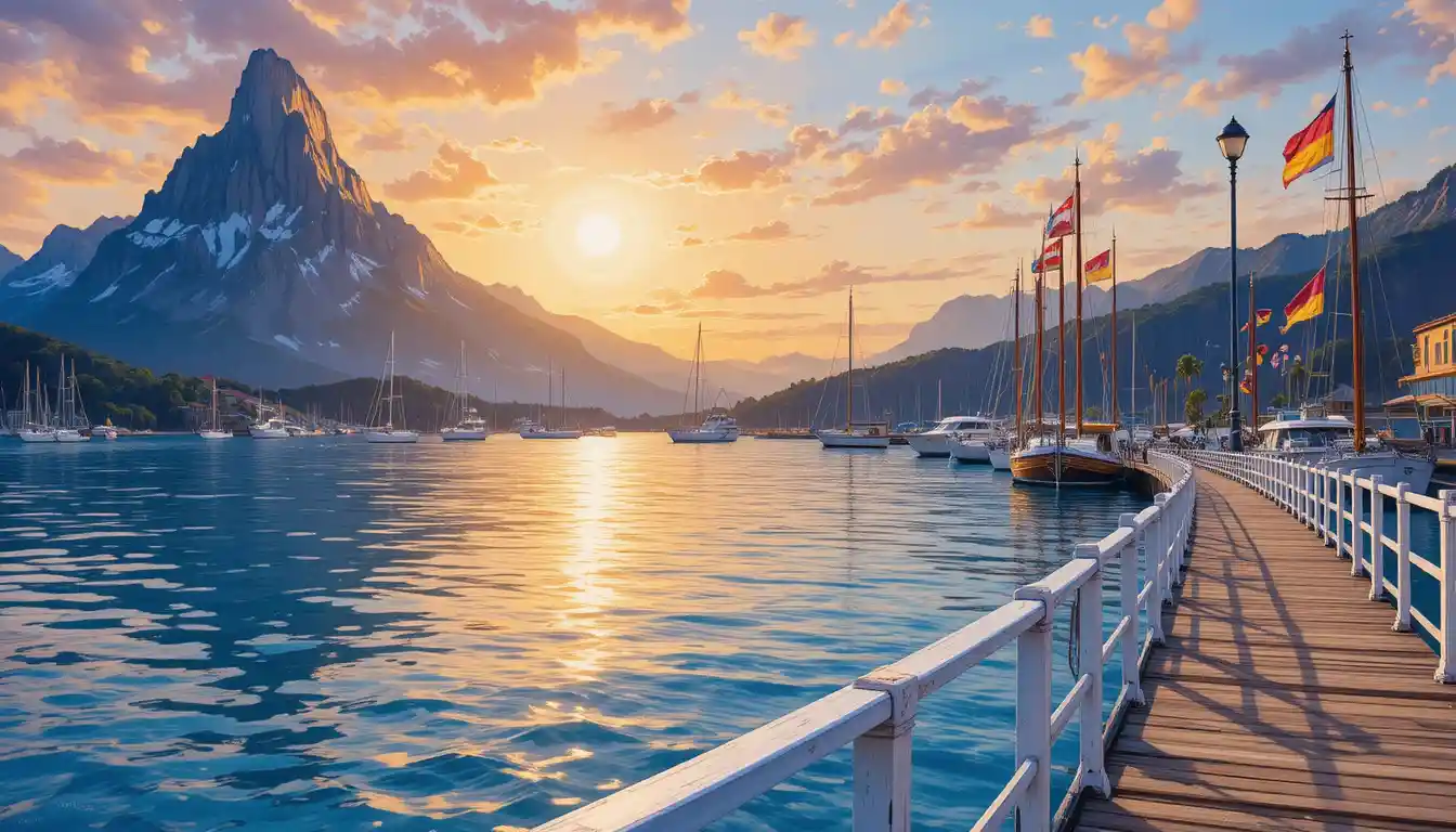 Serene harbor with sailboats at sunset and distant mountain