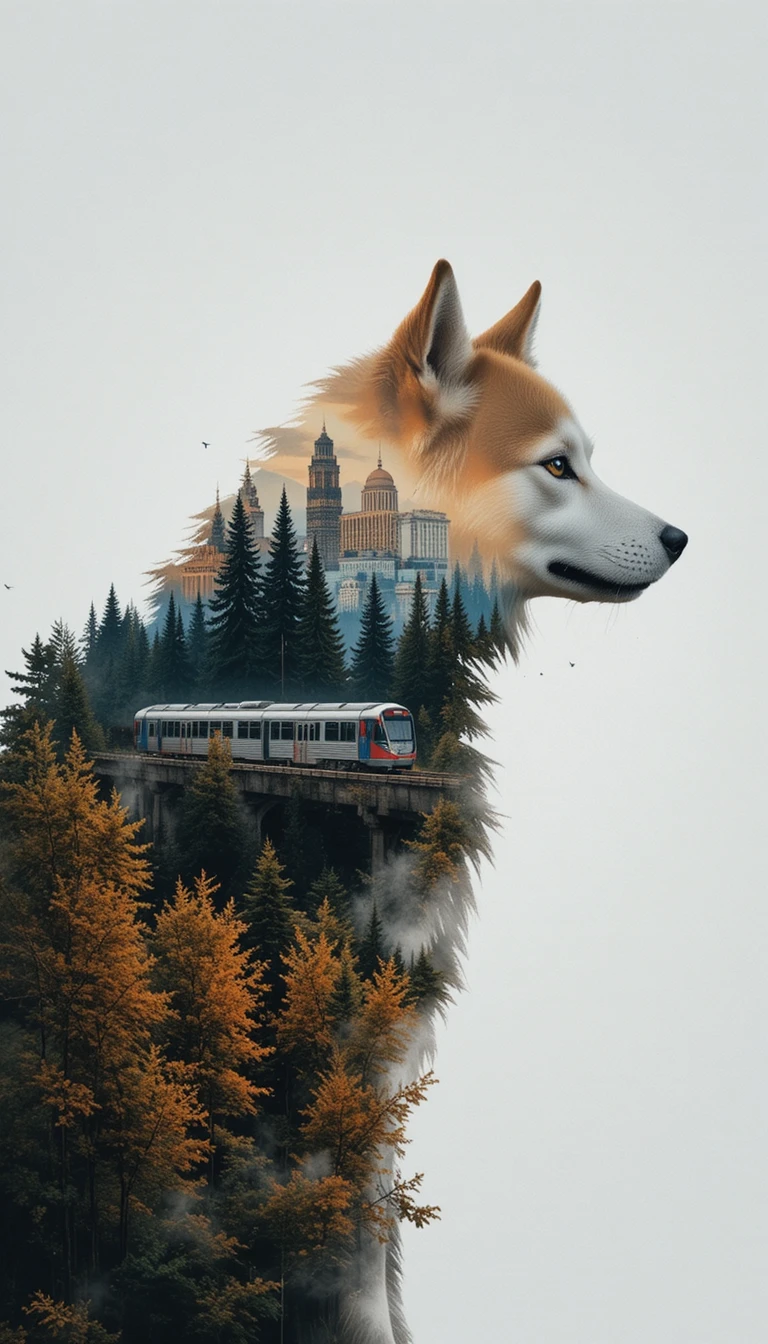 Double exposure akita dog silhouette with city and forest