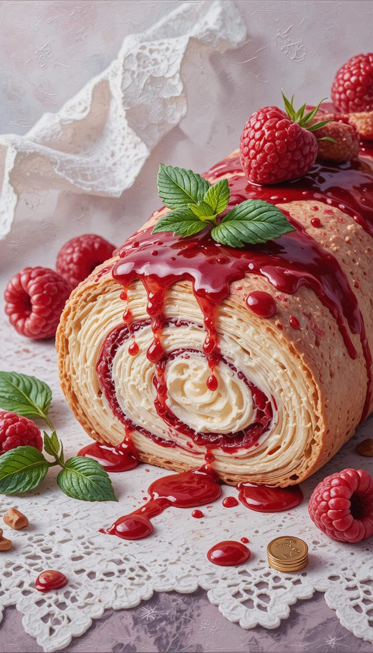 Close up oil painting of raspberry meringue roll dessert