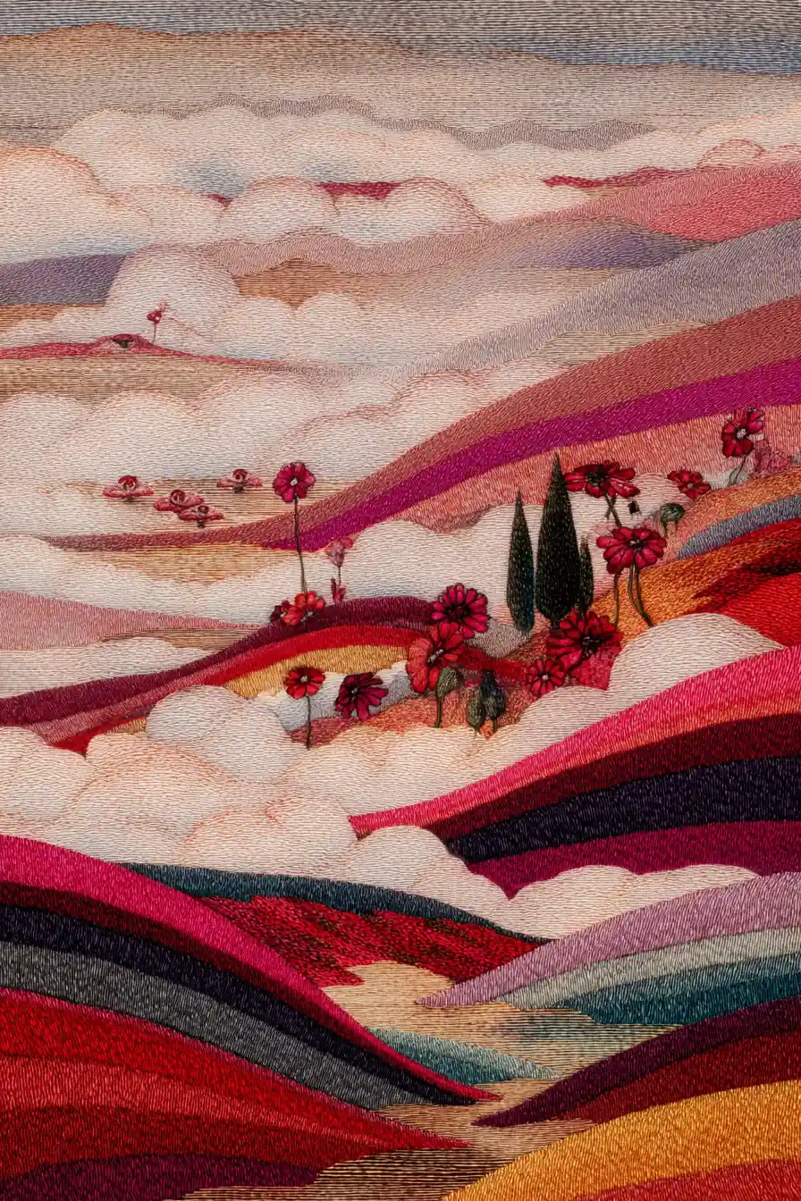Colorful Woolen Striped Landscape With Flowers And Clouds