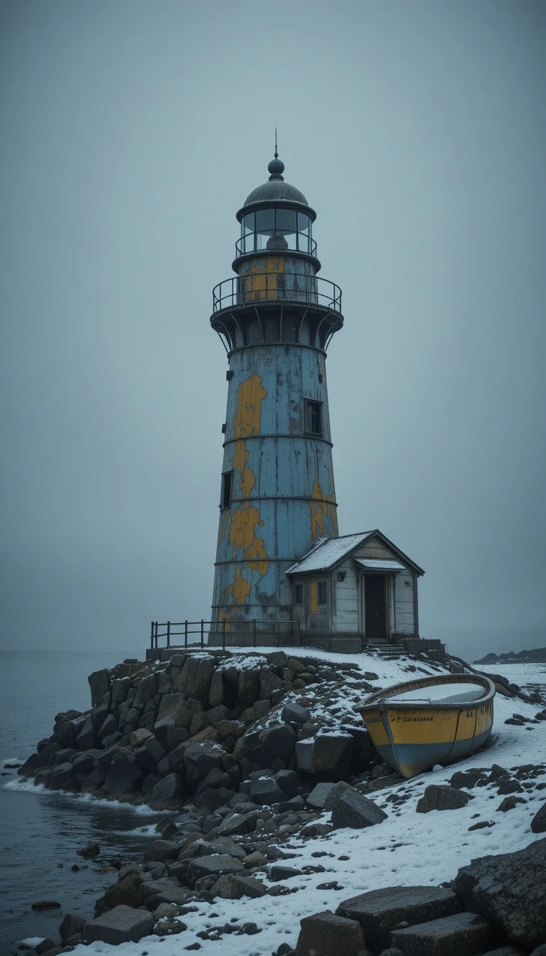 Weathered lighthouse on rocky coast in cold winter fog