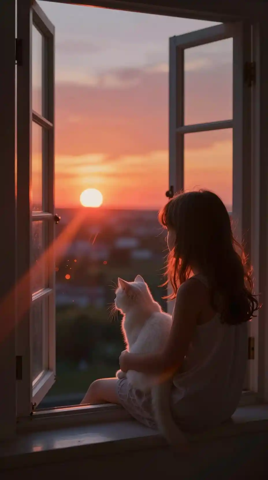 Mädchen mit Kätzchen im Sonnenuntergang am Erkerfenster
