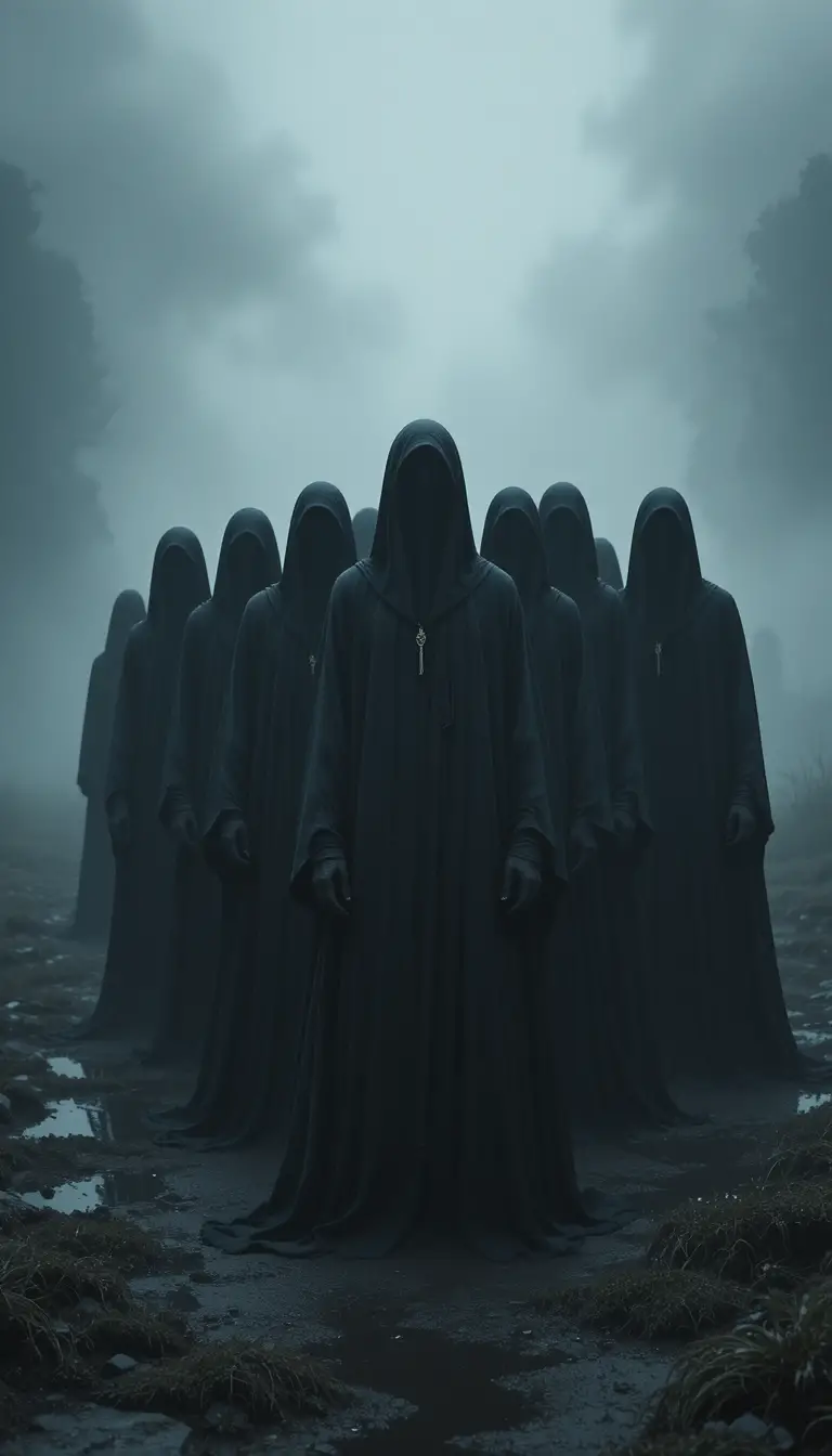 Hooded figures in a foggy landscape with eerie atmosphere