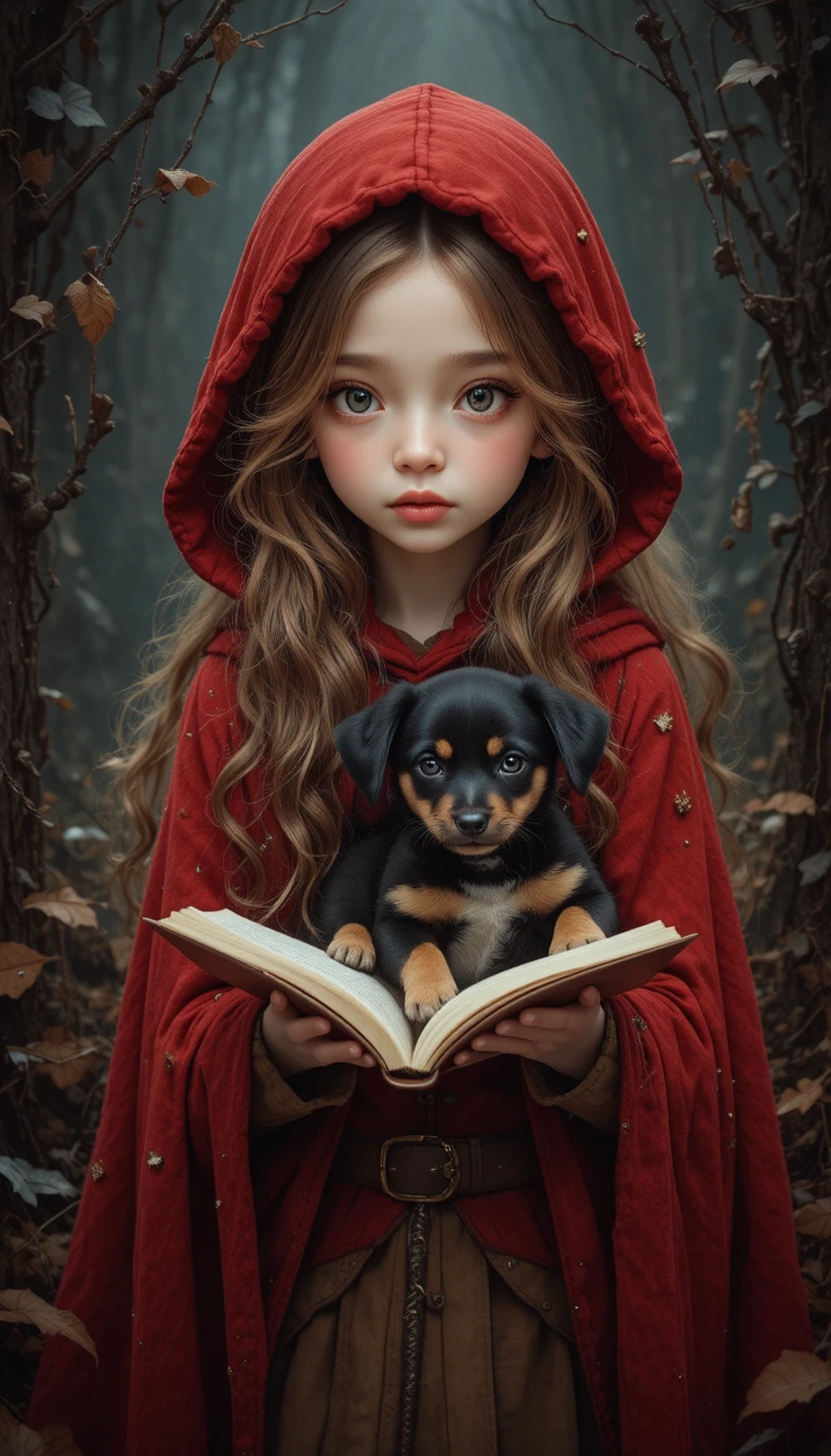 Ragazza con mantello rosso che legge accanto a un cane leale